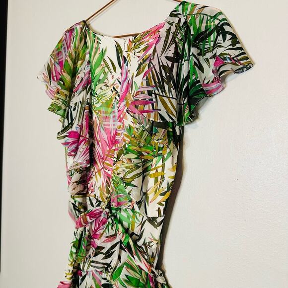 Badgley Mischka Palm Print Ruffle Pink Green Maxi Dress Size 4 - Picture 15 of 16